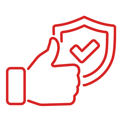 Rotes Symbol einer Hand mit Daumen hoch und einem Schutzschild mit Häkchen, das Vertrauen und Sicherheit symbolisiert.