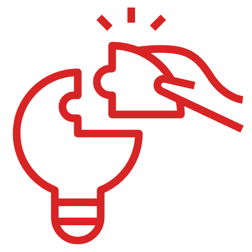 Rotes Symbol einer Hand, die ein Puzzleteil in eine Glühbirne einfügt, das die Übergabe von Wissen und die Nachbetreuung symbolisiert.